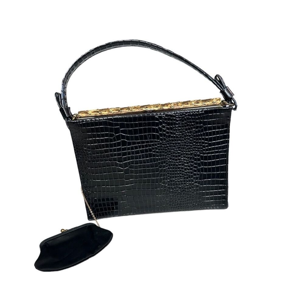 Vintage After Five Black and Gold Faux Crock Handbag
